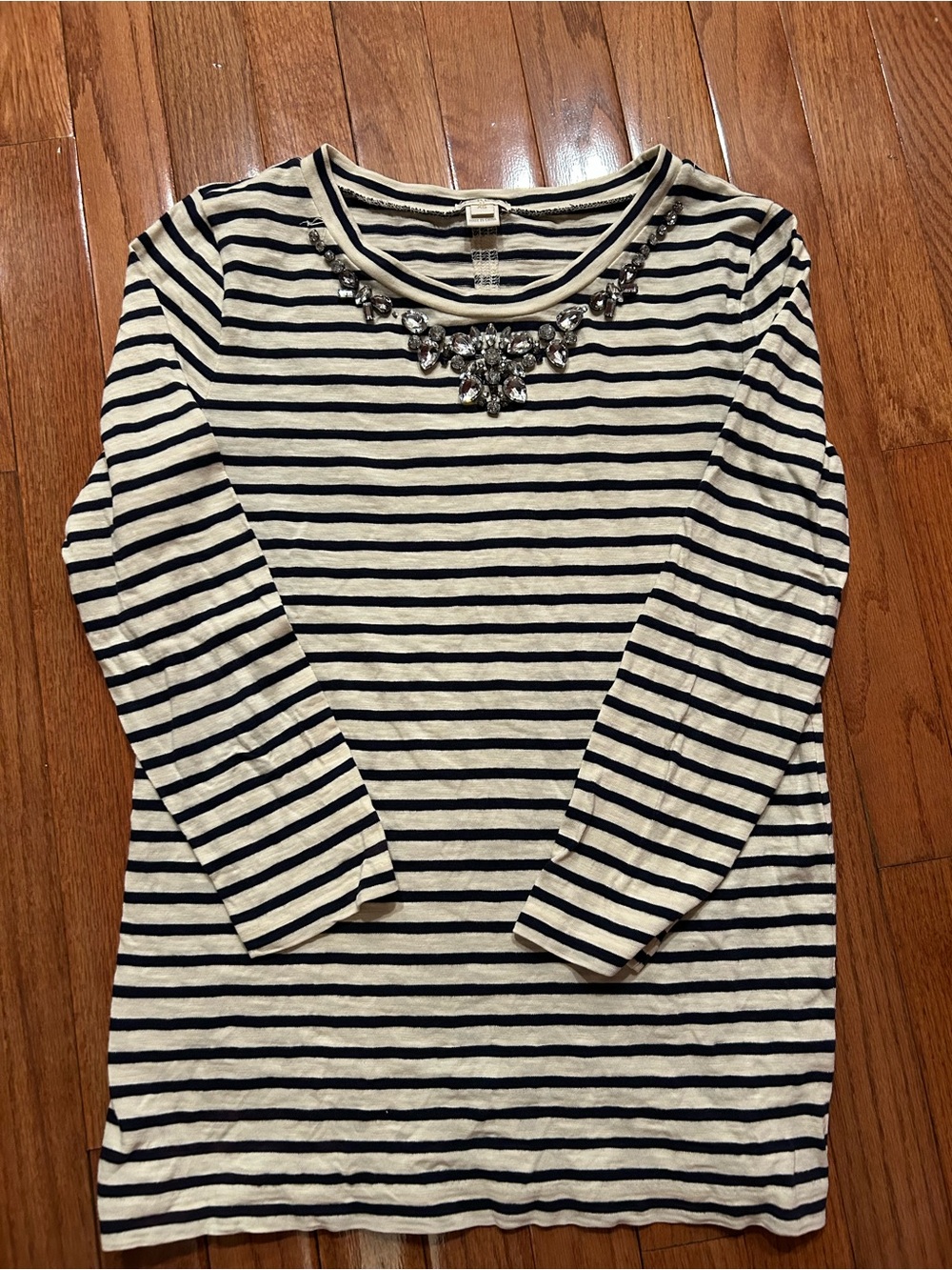 J. Crew Cream and Dark Navy Striped Jewel-Neck Long Sleeve Top, Size XS